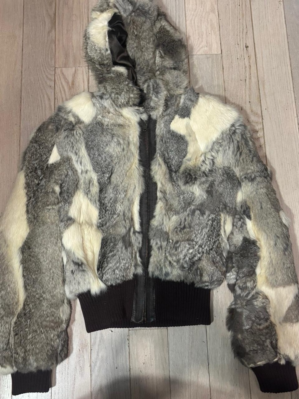Women’s Hooded Rabbit Fur Patchwork Jacket in Gray and Cream